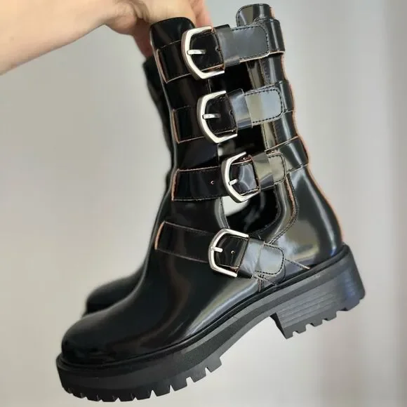 ZARA BUCKLED OPEN DETAIL LEATHER ANKLE BOOTS - Picture 3 of 6